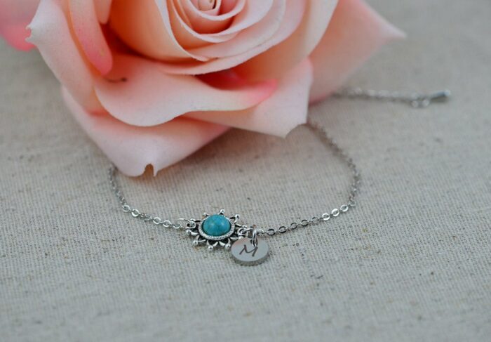 Turquoise Initials Personalised Bracelet, Customised Bridesmaids Jewellery, Dainty Blue Engraved Initial Bracelet, Gift Bracelet for Women