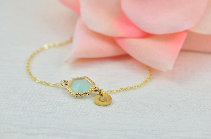 Turquoise Personalised Custom Bracelet Jewellery, Dainty Gold Engraved Initial Bracelet, Elegant Letter Personalised Bridesmaids Bracelet