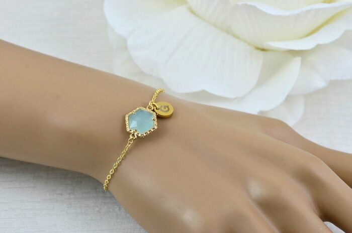Turquoise Personalised Custom Bracelet Jewellery, Dainty Gold Engraved Initial Bracelet, Elegant Letter Personalised Bridesmaids Bracelet